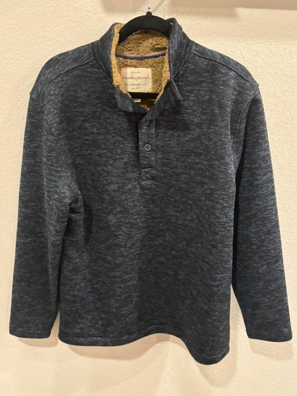 Weatherproof Heathered Navy Blue Henley Pullover with Sherpa Collar